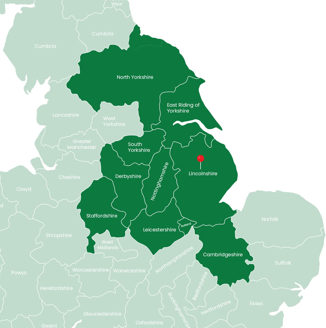 Map of the counties covered by Oil Tank Replacement Services across Lincolnshire, Yorkshire and the East Midlands